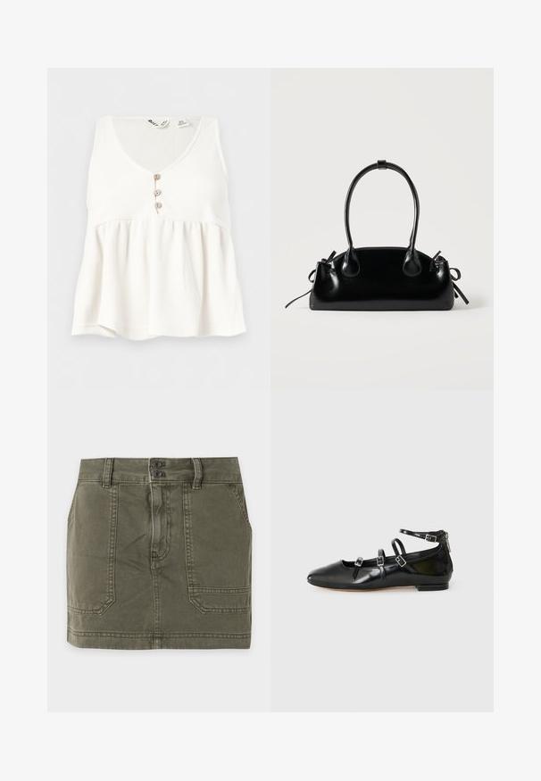 Haut blanc sans manches en maille côtelée avec col en V et trois petits boutons en bois sur le devant.; Mini-jupe en denim vert olive avec deux poches avant, passants de ceinture et fermeture à double bouton à la taille.; ALDO NELTA - Ballerines - black; Petit sac à main noir brillant avec deux longues anses et des détails à cordon sur les côtés sur un fond clair uni.