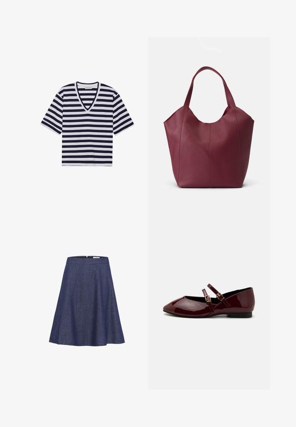 Gestreept T-shirt in marineblauw en wit, met een V-hals ontwerp, korte mouwen en van zacht katoen.; Denim A-lijnrok, donkerblauw, knie-lengte, met een soepele tailleband met een verborgen rits en een vloeiende silhoutte. Subtiele textuurdetail.; Anna Field by Zalando Ballerina's met enkelbandjes - dark red; Bordeaux lederen tote bag met twee stevige handvatten, met een gladde textuur en een taps toelopend ontwerp met naaddetail op de voorkant.