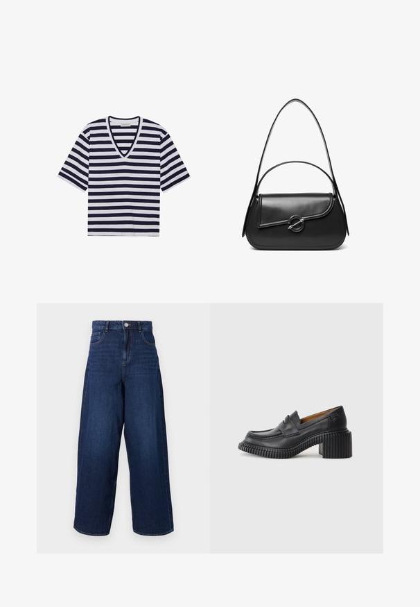 Gestreept T-shirt in marineblauw en wit, met een V-hals ontwerp, korte mouwen en van zacht katoen.; Wijdvallende donkerblauwe denim jeans met een hoge taille, vijf zakken en een knoopsluiting. De stof heeft een gladde textuur met subtiele vervaging.; Zwarte leren instappers met een dikke, geribbelde rubberen hak. Voorzien van een ronde neus en een horizontale band over de wreef. Textuurondergrond.; Zwarte leren schoudertas met een gebogen klep die is bevestigd met een ronde metalen sluiting en een smalle, verstelbare band.