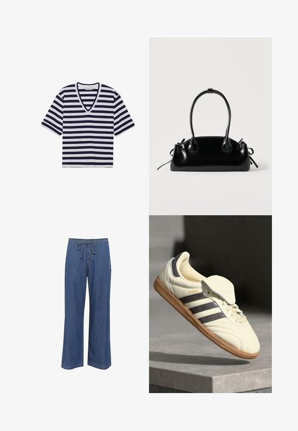 Stribet T-shirt i navy blå og hvid, med V-udskæring, korte ærmer og blødt bommateriale.; Denim bukser med bred ben og snoreliv, i en mellemblå farve, lige pasform og diskrete sømdetaljer.; Cremefarvede lædersneakers med tre mørke striber, en brun gummisål og en afrundet tå. Har en foldbar tunge mærket "SAMBA."; Lille sort blank håndtaske med to lange håndtag og snøre-detaljer i siden på en ensfarvet lys baggrund.