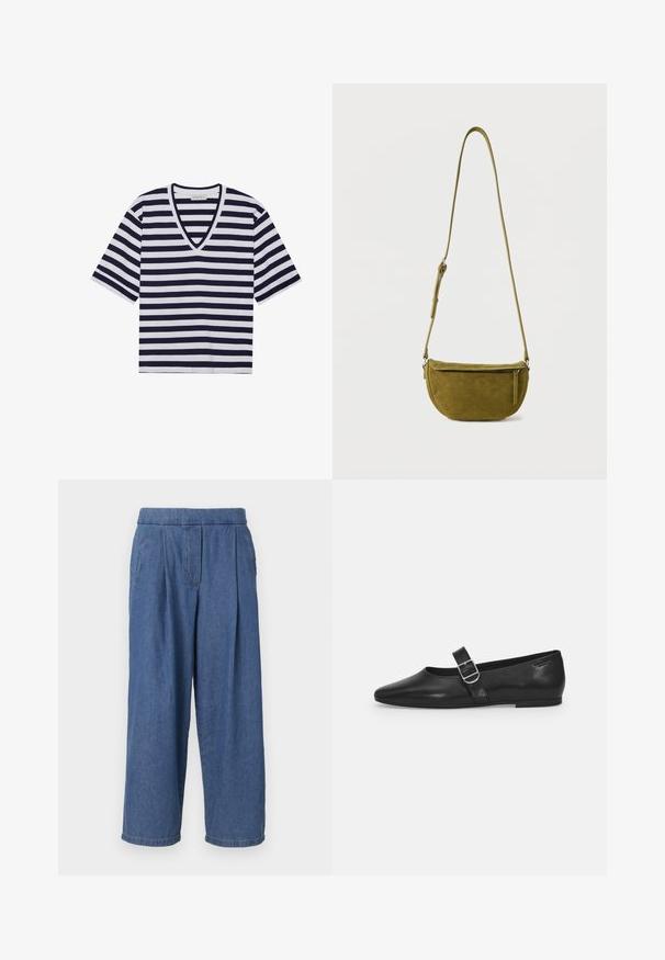 Gestreiftes T-Shirt in Marineblau und Weiß, mit V-Ausschnitt, kurzen Ärmeln und weichem Baumwollmaterial.; Blaue Jeans in weitem Schnitt mit entspanntem Sitz, ohne Knopfverschluss an der Taille, mit Falten auf der Vorderseite und zwei Seitentaschen.; Schwarzer Lederflatschuh mit runder Zehenform, einem verstellbaren Schnallenriemen und einer glatten, glänzenden Oberfläche. Minimalistisches Design mit einem niedrigen Absatz.; Olivgrüne Wildleder-Umhängetasche mit verstellbarem Riemen und Reißverschlusstasche vorne vor einfachem weißem Hintergrund.