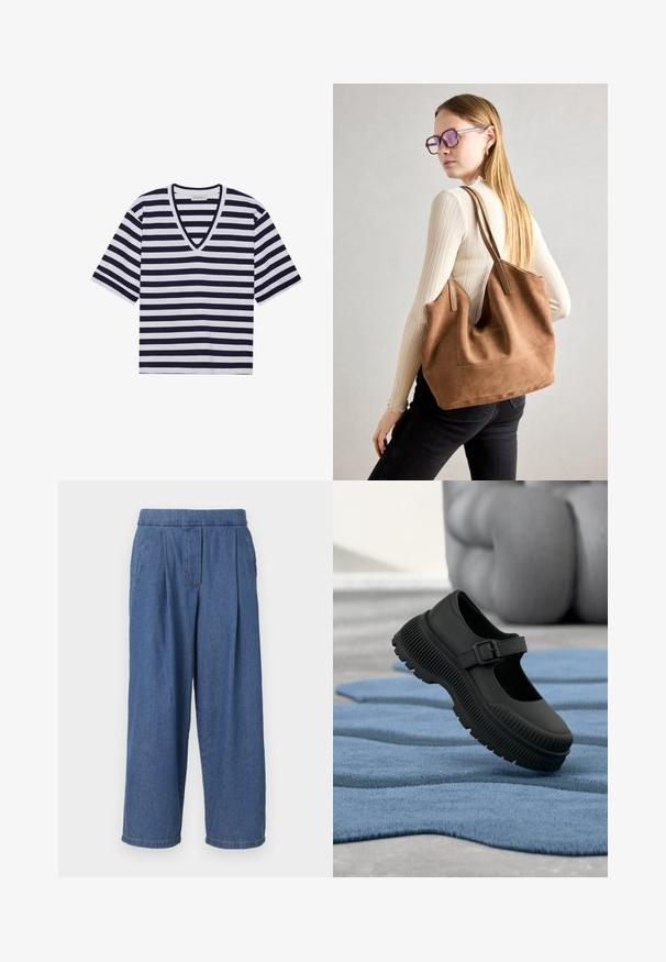 Stribet T-shirt i navy blå og hvid, med V-udskæring, korte ærmer og blødt bommateriale.; Blå denim bredbenede bukser med en afslappet pasform, der har en knapfri talje, frontfolder og to sidelommer.; Sort Mary Jane-stil sko med tyk ribbet sål og spænde, hvilende på tekstureret blåt tæppe med sløret baggrund.; Brun ruskind tote taske med blød tekstur, stor åbning og lange stropper. Har et enkelt design med synlige syninger og ingen hardware.