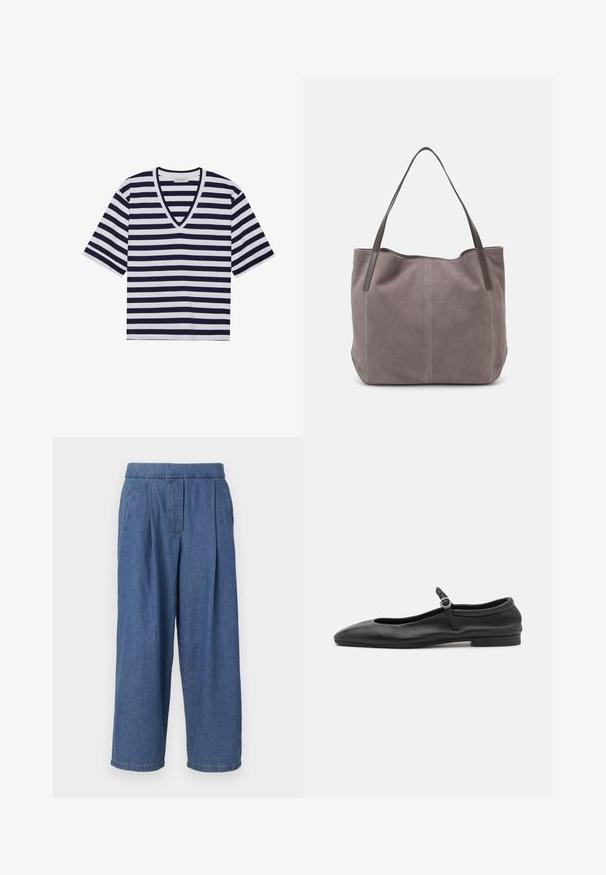Gestreept T-shirt in marineblauw en wit, met een V-hals ontwerp, korte mouwen en van zacht katoen.; Blauwe denim wijde broek met een ontspannen pasvorm, voorzien van een knopenloze tailleband, voorplooien en twee zijzakken.; Zwarte leren ballerina's met een ronde neus, smalle vamp en een kleine enkelband met een ronde gesp. Lage, platte zool.; Grijze suède tote bag met twee donkere leren hengsels. Kenmerkt zich door gestikte details aan de zijkanten, een zachte textuur en een ruime opening.