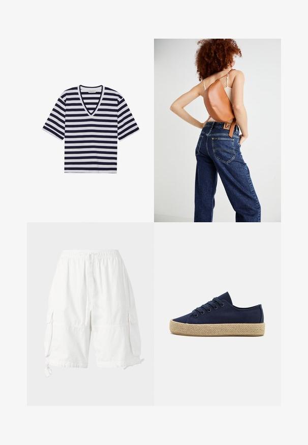 Gestreiftes T-Shirt in Marineblau und Weiß, mit V-Ausschnitt, kurzen Ärmeln und weichem Baumwollmaterial.; Weiße Cargo-Shorts mit elastischem Bund und Kordelzug, ausgestattet mit zwei Seitentaschen und verstellbaren Saumkordeln. Hergestellt aus leichtem Stoff.; Marineblaue Leinenschuhe mit strukturierten, gewirkten Jutesohlen. Verfügt über runde Schnürsenkel und ein niedriges Design mit einer glatten Oberfläche.; Brauner Leder-Rucksack mit einem einzigartig geschwungenen Design. Diagonal getragen, kombiniert mit hochgeschnittenen blauen Jeans aus Denim mit gelber Naht.