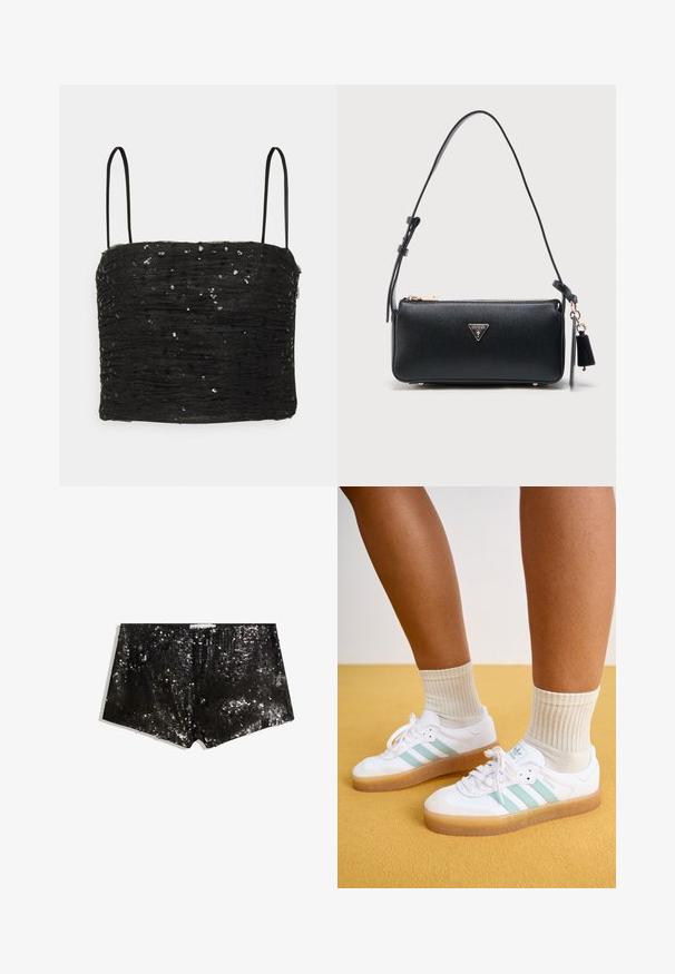 Emporio Armani Bluse - black; Schwarze Pailletten-Shorts mit körperbetontem Design. Enthält schimmernde Pailletten, glatte Textur und einen Bund für einen sicheren Sitz.; Weiße Sneaker mit mintgrünen Streifen, Gummisohle und Schnürsenkeln, kombiniert mit gerippten cremefarbenen Socken. Vor einem gelben Hintergrund.; Schwarze rechteckige Guess-Handtasche mit verstellbarem Schulterriemen, Reißverschluss in Gold und dreieckigem Logo in der Mitte vorne.