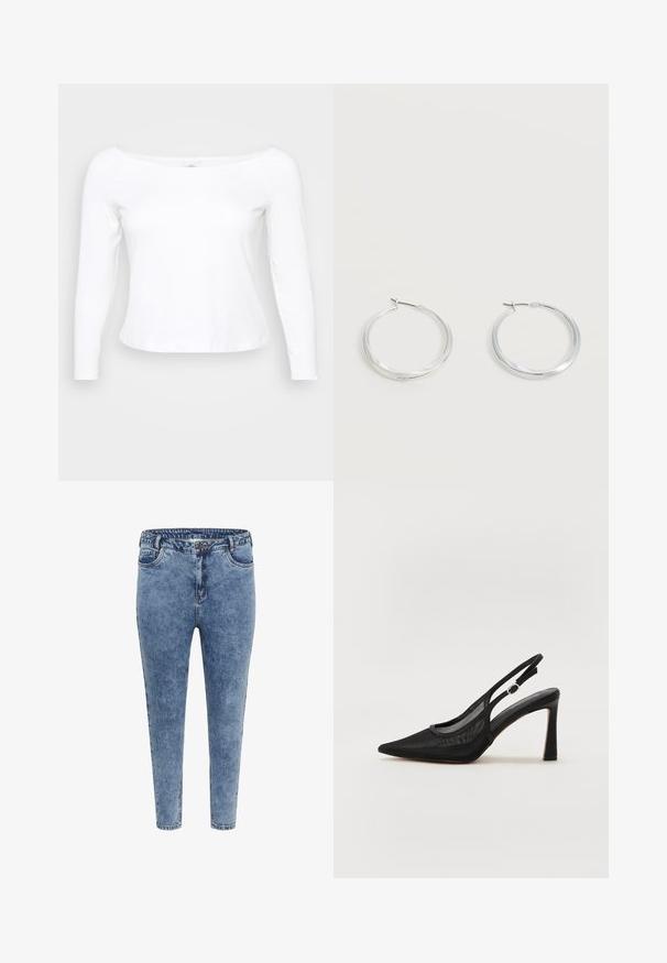 Hvid langærmet skjorte med bred halsudskæring, lavet af blødt og glat materiale. Har et tætsiddende design og en cropped kant.; Blå denim skinny jeans med høj talje, fem lommer og lynlåslukning. Stoffet har en let falmet tekstur med kontrasterende syninger.; Sort slingback hæl med spids tå, mesh-overdel og en dekorativ rem. Har en høj stiletto hæl og en glat sål.; Sølvfarvede metaloorringe med glat, let buet overflade og låsemekanisme på en ensfarvet hvid baggrund.