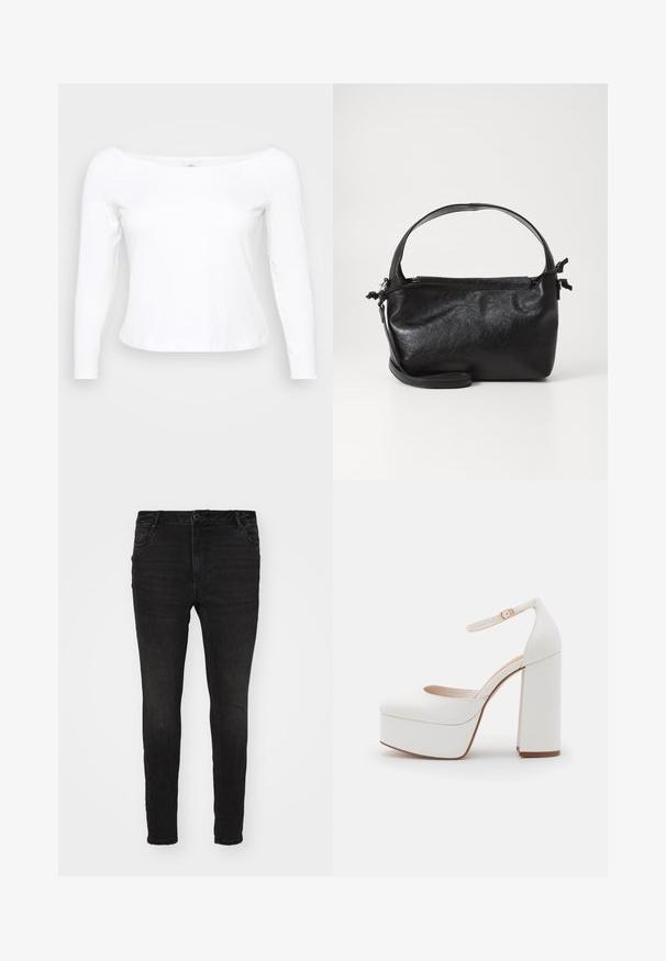 Biela dlhá blúzka s voľným výstrihom, vyrobená z mäkkého a hladkého materiálu. Má priliehajúci strih a skrátený lem.; Vero Moda Curve Skinny fit VMCFLASH Mid rise - Džínsy skinny fit - black denim; Biele platformové topánky s masívnym blokovým opätkom, remienkom okolo členka, zaoblenou špičkou a hladkým povrchom. Minimalistický dizajn s čistými líniami.; Čierna kožená kabelka so štruktúrovaným dizajnom, okrúhlym horným uchom a odnímateľným ramenným popruhom. Má hladkú textúru a jemný lesk.