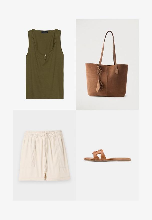 Top sans manches vert olive en coton doux, avec un décolleté en forme de scoop et un détail en trou de serrure à l'avant, orné d'un accent en perles décoratives.; Shorts en coton beige avec une taille élastique, un cordon de serrage et deux poches latérales ; présentent une coupe décontractée et un ourlet roulé.; Sandale à glissière en cuir tan avec des lanières croisées, semelle plate et design minimaliste. Texture lisse sans motifs ni éléments matériels visibles.; Sac fourre-tout en daim marron avec deux bretelles, un design simple et un détail de gland sur le côté. Texture lisse et forme structurée.