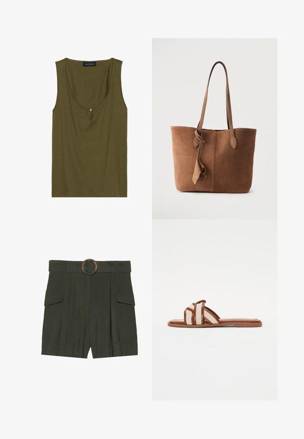 Top sans manches vert olive en coton doux, avec un décolleté en forme de scoop et un détail en trou de serrure à l'avant, orné d'un accent en perles décoratives.; Shorts vert foncé avec une large taille dotée d'une boucle ronde et décorée, deux poches latérales et un design structuré et ajusté.; Sandales plates brunes avec de larges sangles en tissu tressé, dotées d'une semelle synthétique lisse et d'un design minimaliste.; Sac fourre-tout en daim marron avec deux bretelles, un design simple et un détail de gland sur le côté. Texture lisse et forme structurée.