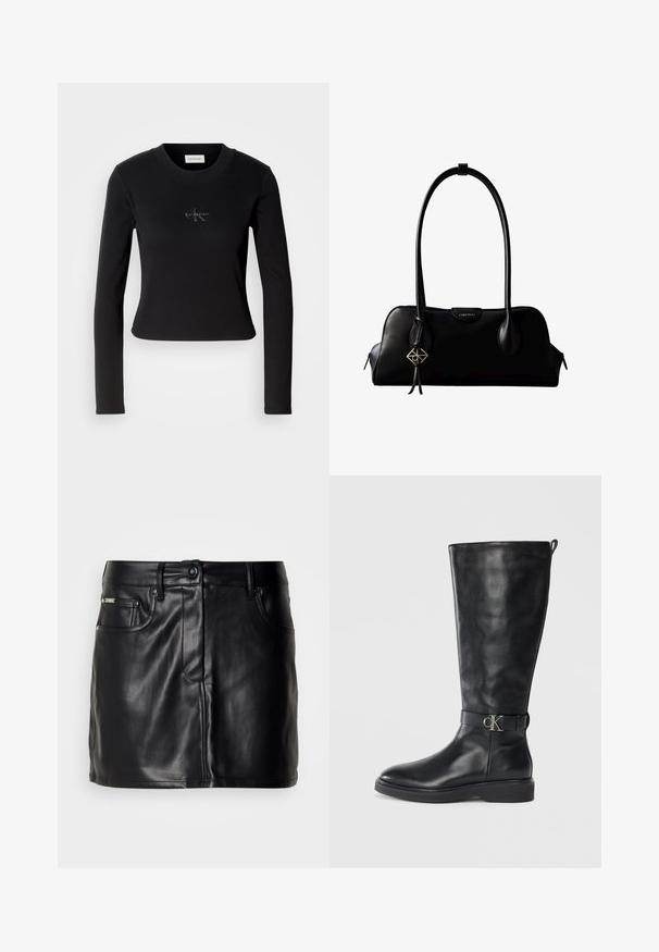 Schwarzes longsleeve Oberteil mit tailliertem Design und kleinem Calvin Klein Logo auf der Brust, vor einem weißen Hintergrund präsentiert.; Schwarzer Leder-Minirock mit tailliertem Design, ausgestattet mit frontalen Taschen, einem Knopfverschluss und glatter Textur.; Schwarze Lederkniehohe Stiefel mit niedrigem Absatz, runder Spitze und metallischem "CK"-Logo-Riemen um den Knöchel.; Schwarze Lederhandtasche von Calvin Klein mit langem Schulterriemen, seitlichen Reißverschlüssen und einem dekorativen Anhänger, der an einem Riemen hängt.