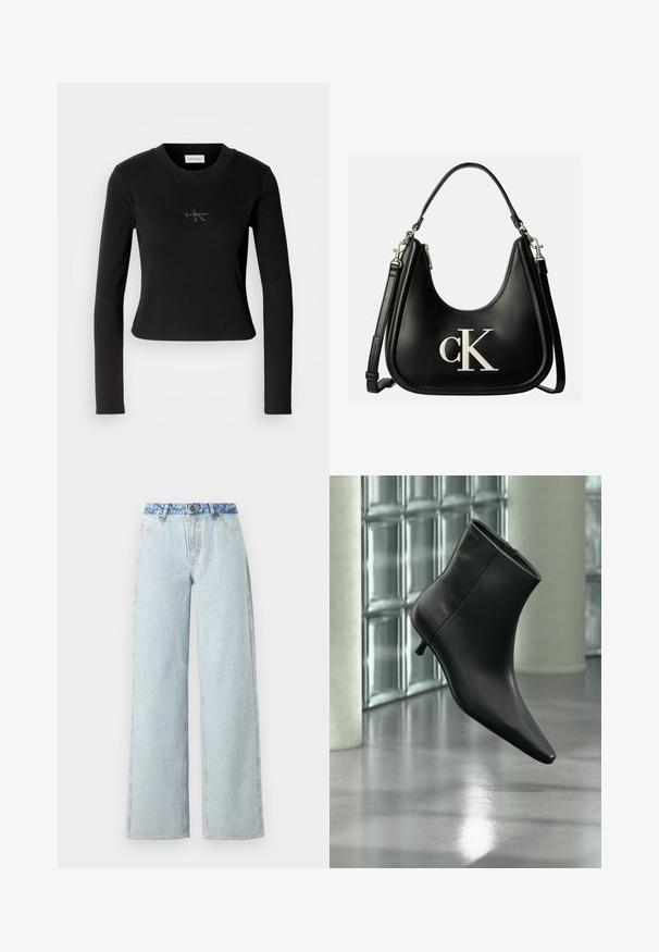 Čierny priliehavý top s dlhým rukávom a malým logom Calvin Klein na hrudi, vystavený na bielom pozadí.; Svetlomodré široké džínsy s vyblednutým umývaním, s kontrastným modrým denimu v páse a tradičným päťvreckovým dizajnom.; Čierna kožená členková čižma so špicatou špičkou a nízkym kitten podpätkom, zobrazená šikmo na pozadí leštenej podlahy a steny zo sklenených blokov.; Čierna kožená kabelka so strieborným logom "cK" na prednej strane, s krátkym uchom a dlhším nastaviteľným ramenným popruhom.