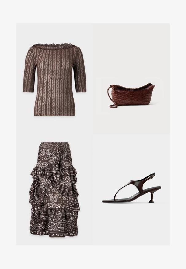Top marron en dentelle à manches courtes avec motif à rayures ondulées verticales et col à volants sur fond clair.; Jupe marron avec motifs paisley et floraux blancs, volants superposés et nœud à l'avant à la taille.; Sandale slingback en cuir verni marron foncé avec petit talon et bride entre les orteils sur fond blanc.; Sac à main en cuir tressé marron avec une bandoulière unique et un dessus incurvé sur fond blanc uni.