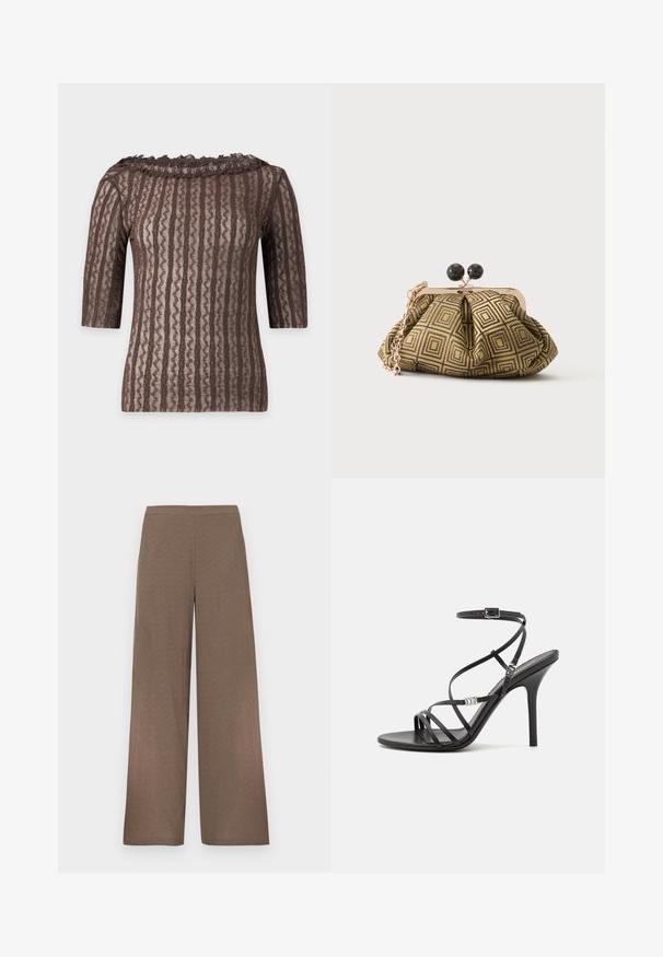 Top marron en dentelle à manches courtes avec motif à rayures ondulées verticales et col à volants sur fond clair.; Pantalon marron à jambes larges avec ceinture plate, sans poches ni fermetures visibles, présenté sur un fond blanc.; Sandale noire à talons hauts avec des brides fines, une boucle à la cheville, une surface en cuir lisse et un talon aiguille élancé.; Petite pochette avec motif géométrique doré et noir, cadre en métal doré, fermeture à boule noire et une courte chaîne dorée.