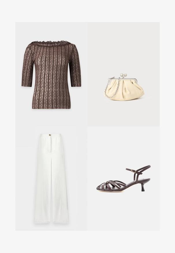 Top marron en dentelle à manches courtes avec motif à rayures ondulées verticales et col à volants sur fond clair.; Pantalon blanc taille haute à jambes larges avec fente avant, fermeture par bouton et un design épuré et minimaliste.; Sandale à talon kitten en cuir marron foncé avec lanières et bride de cheville réglable à boucle sur fond blanc.; Pochette en cuir beige plissé avec un cadre en métal argenté, dotée de deux fermoirs ronds décoratifs et d'une chaîne en argent.
