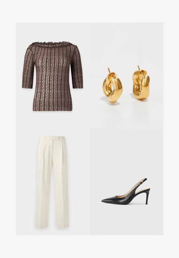 Top marron en dentelle à manches courtes avec motif à rayures ondulées verticales et col à volants sur fond clair.; Pantalons couleur crème avec une coupe ajustée, présentant un devant plat, des plis et des jambes droites, fabriqués dans un tissu doux et texturé.; Escarpins en cuir noir avec une pointe fine, une bride ajustable et un talon aiguille élégant, présentant une finition lisse.; Boucles d'oreilles créoles en or massif avec un design tubulaire légèrement tordu et des fermoirs à tige sur un fond blanc.