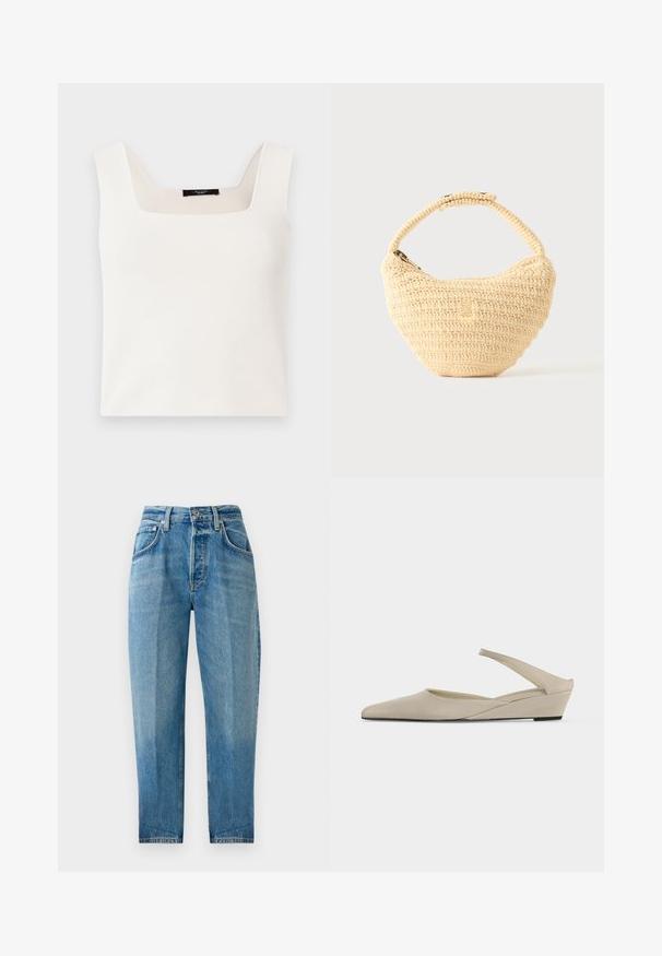 Ærmeløs hvid top med firkantet halsudskæring, lavet af et glat, blødt stof. Har en afslappet pasform og minimalistisk design.; Lysblå denimbukser, lige ben, fem lomme design, affadet vask, lynlås foran med knaplukning og synlige syningsdetaljer.; Beige lav kilehæl slingback sko med spids tå og glat mat finish, vist i sideprofil på hvid baggrund.; Beige vævet håndtaske med afrundet krop, lynlås, og en kort, tyk strop i en enkel, tekstureret hæklestil.