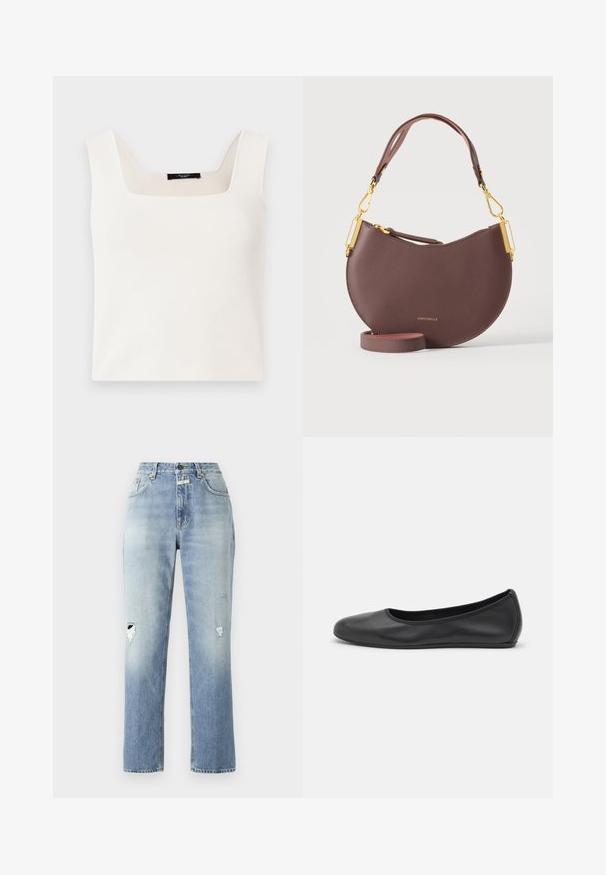 Ärmelloses weißes Top mit quadratischem Ausschnitt, aus einem glatten, weichen Stoff gefertigt. Es hat eine lockere Passform und ein minimalistisches Design.; Hellblaue Jeans aus Denim mit hoher Taille und geradem Bein. Merkmale sind abgewetzte Details an beiden Knien und ein klassisches Fünf-Taschen-Design.; Schwarze Leder-Ballettschuhe mit abgerundeter Spitze, glatter Textur, minimalen Nähdetails und einem flexiblen Sohlen-Design.; Braune Halbmond-Ledertasche mit goldfarbenen Verschlüssen, abnehmbarem Riemen und "COCCINELLE"-Logo in der vorderen Mitte.