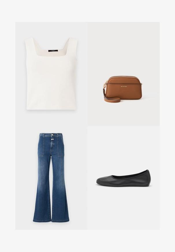 Top blanco sin mangas con escote cuadrado, hecho de una tela suave y lisa. Presenta un corte holgado y un diseño minimalista.; Jeans acampanados de tiro alto en denim azul medio con un acabado desgastado. Cuenta con bolsillos de parche y cierre de botón. Dobladillo limpio.; Bailarina de piel negra con punta redondeada, textura suave, detalle de costura minimalista y diseño de suela flexible.; Bolso cruzado de cuero marrón con herrajes dorados, cierre de cremallera y correa ajustable. Presenta un diseño minimalista y un logo grabado.