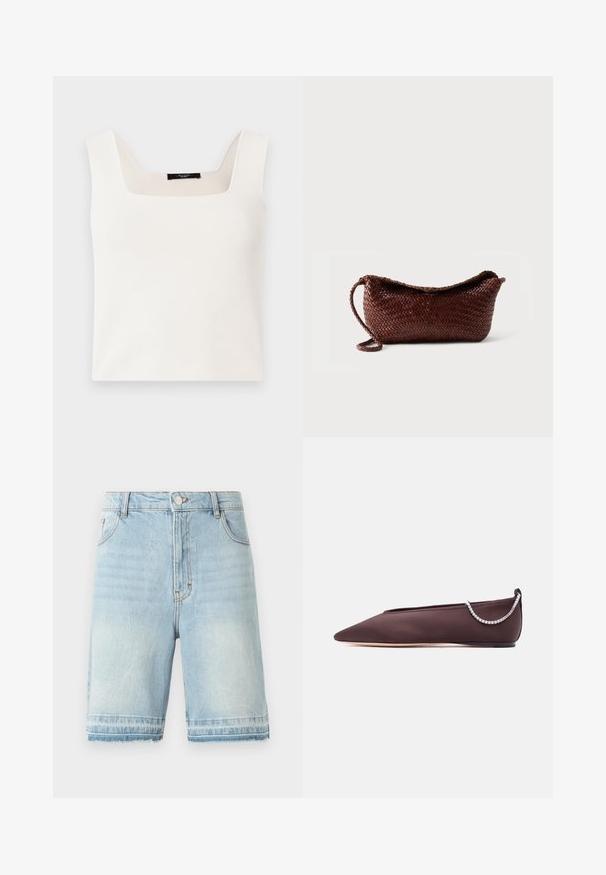 Ärmelloses weißes Top mit quadratischem Ausschnitt, aus einem glatten, weichen Stoff gefertigt. Es hat eine lockere Passform und ein minimalistisches Design.; Hellblaue Jeansshorts mit fransigem Saum, Fünf-Taschen-Design und normaler Taille mit Knopfverschluss. Dezente Ausbleichungen überall.; Dunkelbrauner flacher Schuh mit spitz zulaufender Spitze, niedrigem Absatz und einer silbernen Strasssteinkette auf der Rückseite.; Braune, geflochtene Ledertasche mit einem einzelnen Riemen und gebogenem oberen Abschluss vor schlichtem weißem Hintergrund.