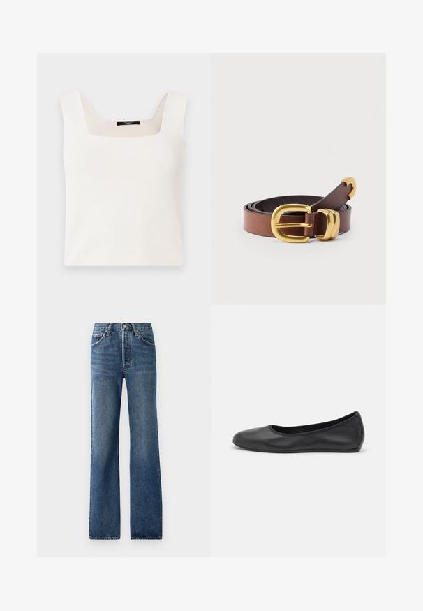 Haut sans manches blanc avec un décolleté carré, fabriqué à partir d'un tissu lisse et doux. Présente une coupe décontractée et un design minimaliste.; Jean en denim bleu avec une coupe droite, comportant cinq poches, un bouton de fermeture et des effets de décoloration légers avec un léger frottement.; Ballerines en cuir noir avec un bout rond, texture lisse, détails de couture minimalistes et design de semelle flexible.; Ceinture en cuir brun avec une texture lisse, boucle en métal doré et accents incurvés. Plusieurs trous pour un réglage ajustable.