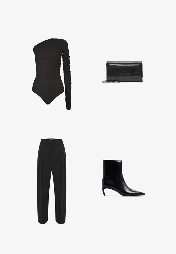 Zwart éénledig bodypak met een lange, geplooide mouw, asymmetrische halslijn en getextureerde stof, met een aansluitend ontwerp en hoge uitsnijding.; Zwarte wijde broek met hoge taille, met een soepele textuur en twee plooien aan de voorkant. Ontworpen met een strakke, op maat gemaakte uitstraling.; Zwarte leren enkellaars met een puntenneus en een kleine, slanke hak. Gladde textuur met een gestroomlijnd, minimalistisch ontwerp.; Zwarte leren portemonnee met een slank ontwerp, voorzien van een zilveren kettingband, gestructureerd oppervlak en een geperst merklogo.