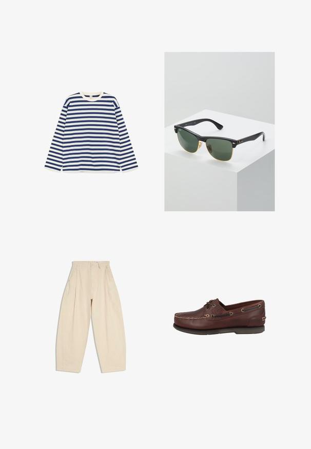 Chemise à manches longues avec rayures horizontales bleu marine et blanches, col rond, posée à plat sur un fond blanc.; Pantalon beige taille haute à jambes larges avec plis, poches latérales, passants pour ceinture et fermeture par bouton sur la ceinture avant.; Chaussure bateau en cuir marron à texture lisse, avec deux œillets et surpiqûres en cuir blanc le long de la partie supérieure. Semelle en caoutchouc crantée.; Lunettes de soleil Ray-Ban avec des verres verts, monture en plastique noir et accents dorés sur les bords. Forme carrée avec une finition mate.