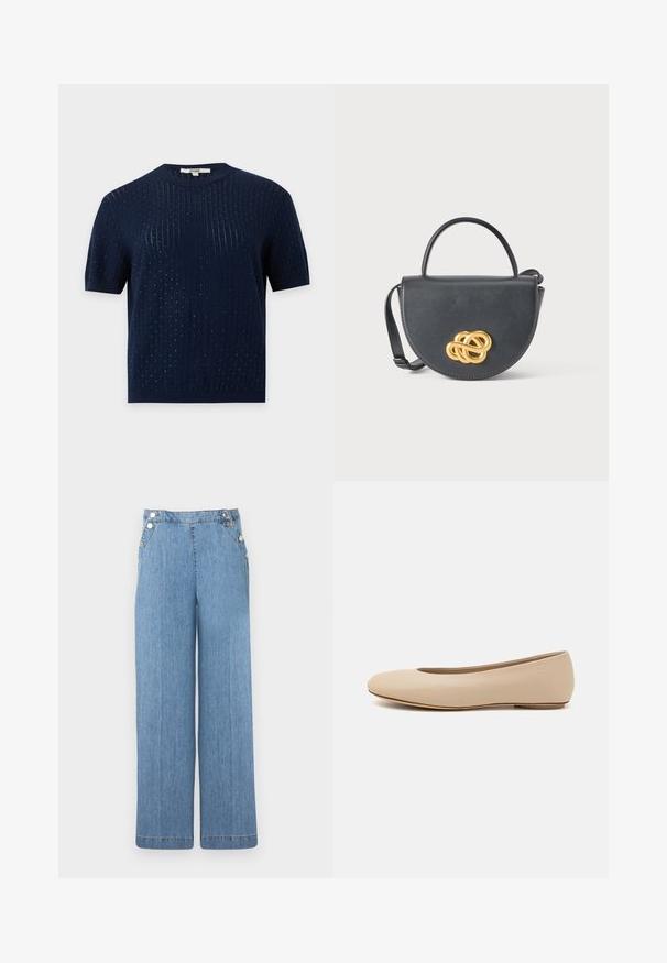 Haut tricoté bleu marine à manches courtes avec un subtil côtelé vertical et de petits détails de texture en points sur toute la surface.; Pantalon en denim bleu clair à jambes larges, taille haute, avec des boutons argentés sur les côtés et les poches avant.; Ballerines en cuir beige avec un bout arrondi, un minimum de coutures, un petit talon et un logo subtil à l'arrière. Texture lisse et mate.; Sac à main en cuir noir à forme arrondie, avec une poignée supérieure et une bandoulière amovible. Présente un accent en forme de nœud doré proéminent à l'avant.