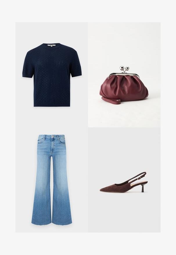 Marineblaues kurzärmeliges Strickoberteil mit feiner vertikaler Rippung und kleinen gepunkteten Texturdetails durchgehend.; Hellblaue Jeans aus Denim mit ausgestellter Form, hoher Taille, zwei Vordertaschen und einem unversäumten Saum am unteren Rand.; Braune Wildleder-Slingback-Schuhe mit spitzer Zehenform und schmalem Absatz. Verfügt über einen verstellbaren Riemen mit einer Metall-Schnalle.; Kleine burgunderrote Lederclutch mit silbernem Metallverschluss und Handgelenksriemen auf weißem Hintergrund.