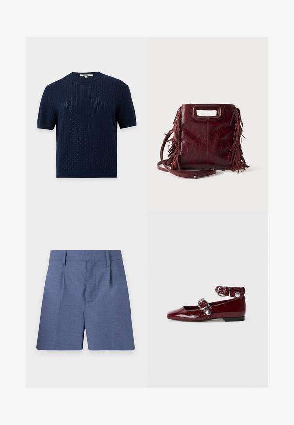 Marineblauwe korte mouwen gebreide top met subtiele verticale ribbels en kleine gedoteerde textuurdetails over het hele kledingstuk.; Blauwe op maat gemaakte shorts met riemlussen, voorplooien en een verborgen voorkeursluiting, weergegeven tegen een witte achtergrond.; Bordeaux gepatineerde leren ballerina's met een spitze neus, een enkelbandje met een zilveren gesp en een lage hak. Gladde textuur over de gehele schoen.; Vierkante bordeaux leren handtas met uitgesneden handvat, zijfranjes en een verstelbare schouderriem op een effen achtergrond.