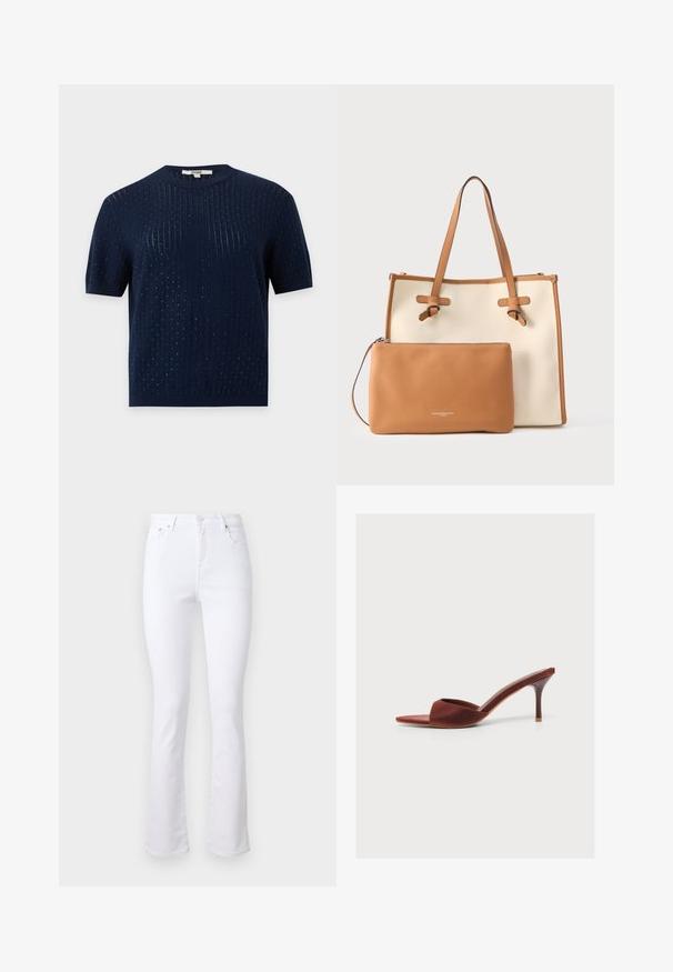 Marineblå kortærmet strikket top med subtil vertikal ribning og små prikdetaljer i hele stoffet.; Hvide denim flared jeans med høj talje, fire lommer og lukning med en forhøjning foran. Har en glat tekstur og pæne kanter.; Brun åben tå højhælet mule-sko med en slank stilethæl og en enkelt bred rem over fronten.; Tote-taske med beige lærred og brune læderdetaljer, udstyret med to robuste håndtag og en aftagelig brun læderpung.