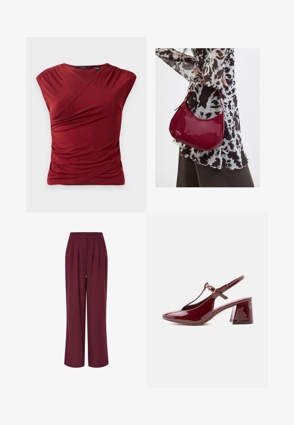 Rode korte mouwen top met een wikkelontwerp, voorzien van geplooide textuur aan de zijkant en een gladde, zachte stofafwerking.; Broek met hoge taille en wijde pijpen in donker bordeaux met plooien aan de voorkant en een verborgen vooraanrits.; Glanzende bordeauxrode dames slingback met blokhak, puntige neus en T-band met gouden gesp.; Vrouw met een zwart-wit gebloemde blouse houdt een glanzende rode schoudertas vast tegen een effen achtergrond.