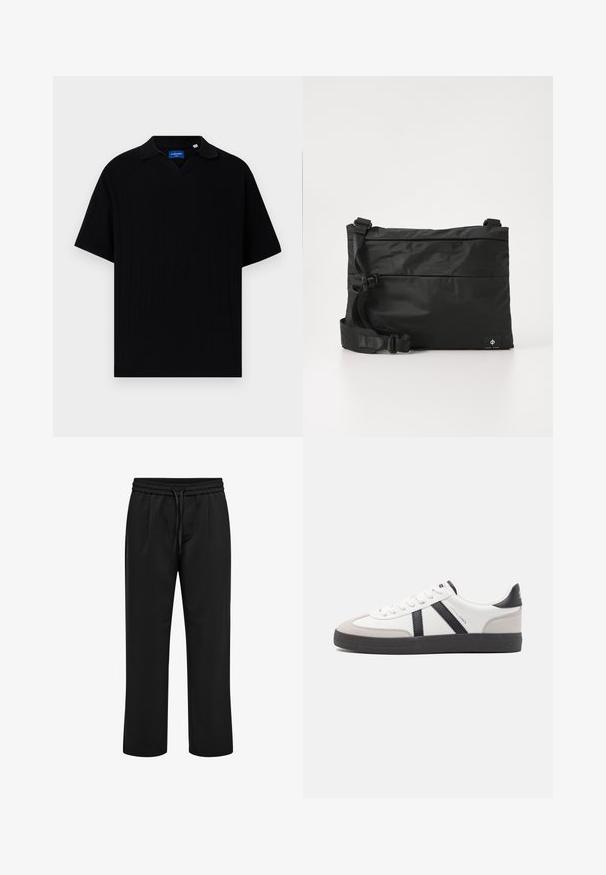 Polo shirt noir à manches courtes avec un col en V, présentant une texture côtelée et de fines rayures verticales. Étiquette à l'intérieur de la zone du cou.; Pantalon décontracté noir avec taille élastique et cordon, coupe droite et plis à l'avant.; Baskets blanches avec des accents noirs et gris, présentant un embout texturé gris, une semelle en caoutchouc noir et des lacets plats blancs. Design épuré, style minimaliste.; Sac messager en nylon noir avec une sangle réglable, un design plat et une étiquette latérale arborant un logo. Texture lisse et style minimaliste.
