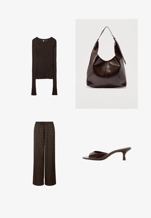 Haut ajusté à manches longues en tissu marron foncé. Encolure ronde, texture lisse et manches légèrement allongées sans poignets.; Pantalons larges marron avec des pois noirs, dotés d'une taille élastique et d'un cordon de serrage réglable. Tissu doux avec une texture lisse.; Mule marron à bout ouvert avec petit talon bas en forme de kitten et finition brillante, vue de profil sur fond blanc.; Sac à bandoulière en cuir marron foncé brillant avec une seule large sangle et un détail de boucle sur un côté, posé sur un fond clair uni.