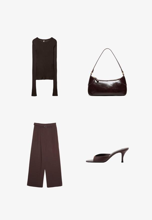 Haut ajusté à manches longues en tissu marron foncé. Encolure ronde, texture lisse et manches légèrement allongées sans poignets.; Stradivarius SMART WIDE-LEG WITH BUCKLE DETAIL - Pantalon classique - dark brown; Mule marron foncé à bout ouvert, talon bas incurvé et large bride sur l'avant.; Sac à bandoulière en cuir marron foncé avec une seule sangle et une fermeture éclair, forme rectangulaire avec des bords arrondis sur fond blanc.