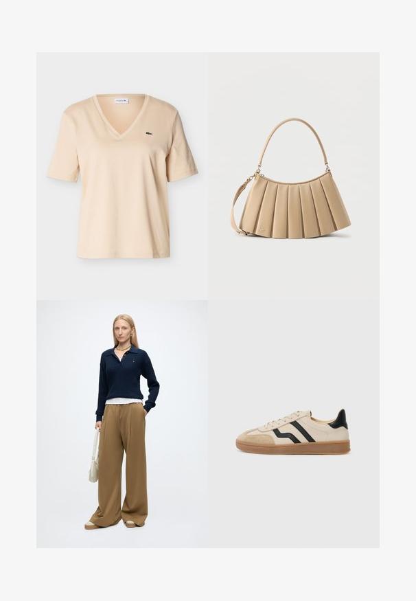 Beige V-hals T-shirt met korte mouwen en een klein groen krokodillenlogo op de linkerborst, weergegeven tegen een effen achtergrond.; Vrouw met steil blond haar, gekleed in een marineblauwe trui, brede beige broek, beige schoenen, gouden sieraden en houdt een witte handtas vast met één hand in haar zak.; Beige sneaker met zwarte strepen, suède neus en hiel accenten, textuur rubberen zool en platte veters. Minimalistisch ontwerp en neutrale kleuren.; Beige plissé schoudertas met afgeronde handgreep aan de bovenkant en afneembare band, gemaakt van glad leer met een subtiel logodetail bij de basis.