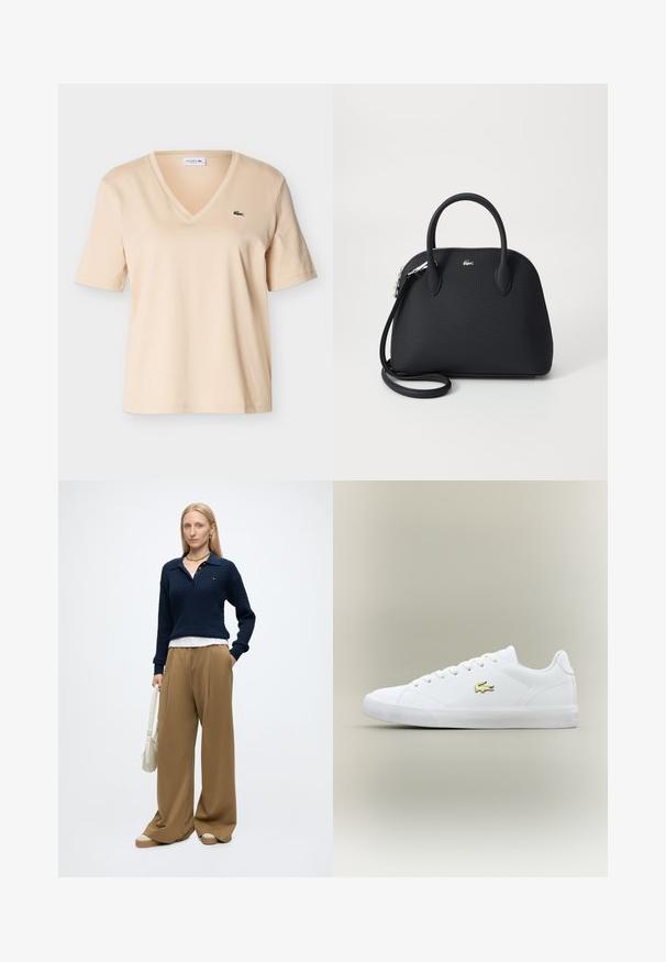 T-shirt beige à col en V et manches courtes, avec petit logo crocodile vert sur le côté gauche de la poitrine, présenté sur un fond uni.; Femme aux cheveux blonds raides portant un pull bleu marine, un pantalon large beige, des chaussures beiges, des bijoux en or, et tenant un sac à main blanc avec une main dans la poche.; Baskets blanches en cuir lisse avec un embout arrondi, des lacets plats et un petit logo doré. Présente une semelle en caoutchouc texturée et un design sobre.; Sac à main noir en matériau texturé, doté de deux poignées supérieures et d'une bandoulière amovible, avec un accent logo en argent.
