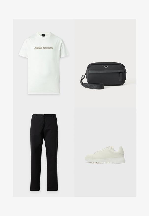 Camiseta blanca de manga corta con parches rectangulares beige que deletrean "ARMANI EXCHANGE" en el pecho.; Pantalones rectos negros con cierre de botón y cremallera, pasadores para cinturón y bolsillos delanteros, exhibidos sobre un fondo blanco.; Zapatilla blanca de cuero con parte superior texturizada, punta redondeada, suela blanca plana y cordones tonales. Marca sutil en la lengüeta.; Bolso de muñeca rectangular negro con bolsillo delantero con cremallera, emblema de logo plateado y correa desmontable con texto de la marca.