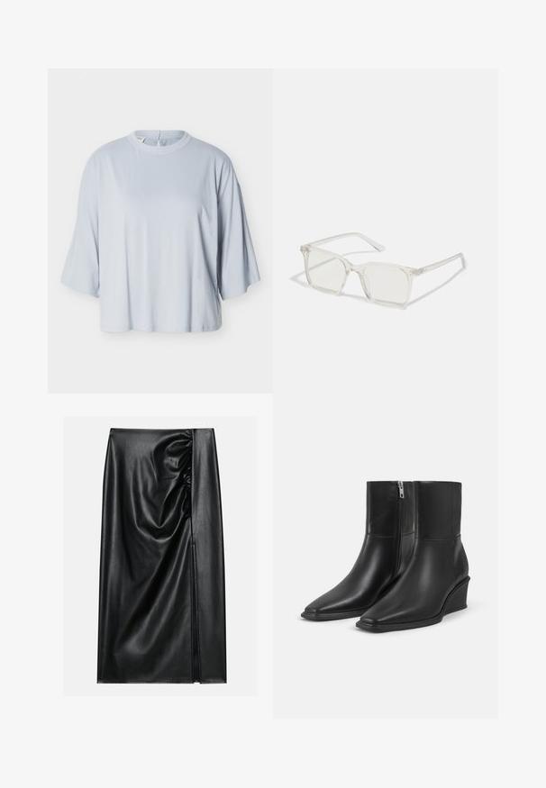 Haut ample bleu clair avec manches larges longueur coude et encolure ronde, présenté sur un fond blanc uni.; Jupe en cuir noir avec une texture lisse, présentant une section froncée sur un côté et une fente sur le côté pour un détail supplémentaire.; Paire de bottines en cuir noir avec bouts pointus, talons compensés et fermetures éclair latérales sur un fond clair uni.; Lunettes carrées en plastique transparent avec des verres translucides, dotées d'accents dorés sur les branches pour plus de détails.