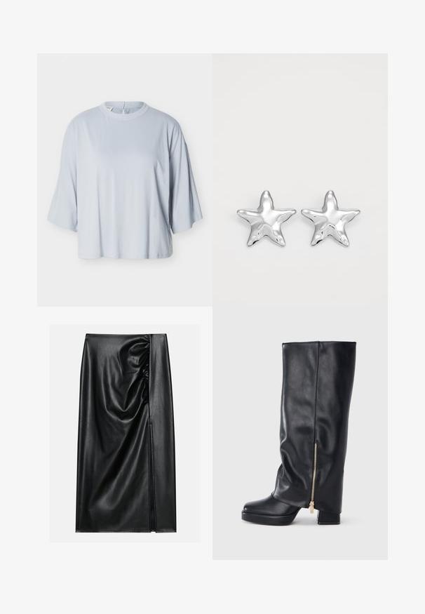 Haut ample bleu clair avec manches larges longueur coude et encolure ronde, présenté sur un fond blanc uni.; Jupe en cuir noir avec une texture lisse, présentant une section froncée sur un côté et une fente sur le côté pour un détail supplémentaire.; Botte en cuir noire montant jusqu'au genou avec talon épais et détail de fermeture éclair dorée sur le côté, sur fond blanc.; Boucles d'oreilles argentées en forme d'étoile, avec une surface lisse et brillante. Chaque boucle d'oreille possède cinq pointes et des détails subtils de texture de surface.