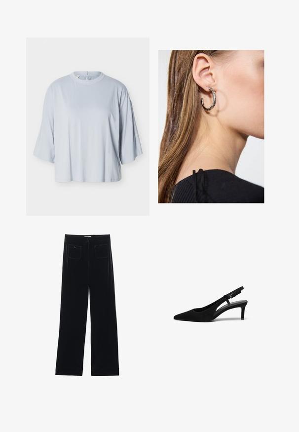 Lichtblauw loszittend shirt met brede mouwen tot de elleboog en een ronde hals, getoond op een effen witte achtergrond.; Zwarte fluwelen wijde broek met twee achterzakken en een gladde textuur, met een rechte snit en afgewerkte zoom bij de enkels.; Zwarte suède slingback schoen met een puntige neus, lage hak, open zijkant en verstelbare band met een metalen gespsluiting. Glad textuur.; Zilveren oorbel met een gepolijste afwerking, met kleine gouden accentdetails en een ronde vorm, gedragen op de oorlel.