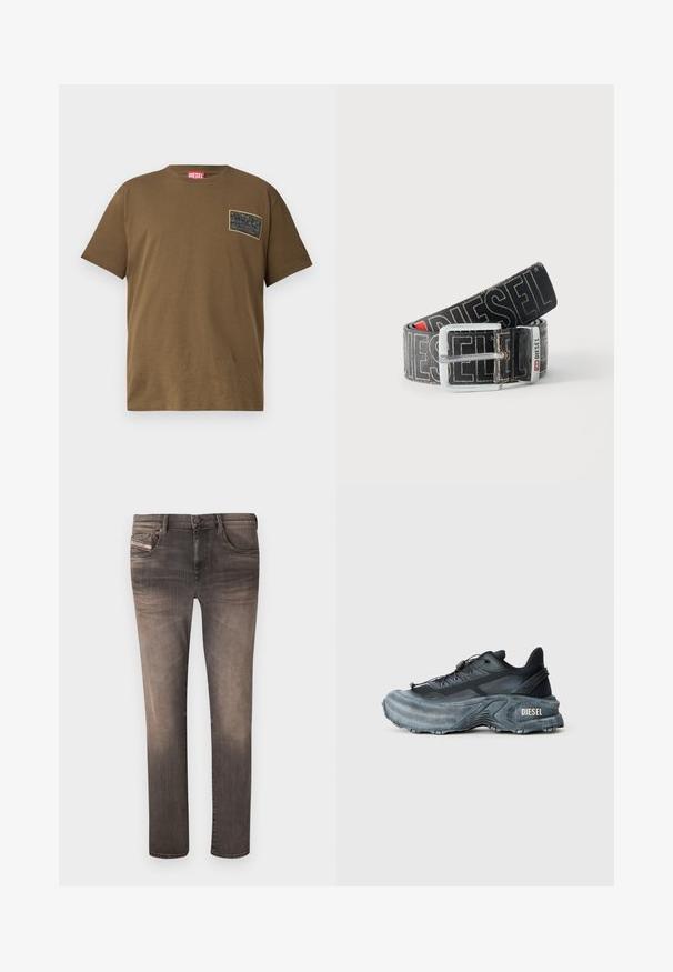T-shirt en coton marron avec un col rond, comportant un patch graphique noir sur la poitrine gauche. Manches courtes et ourlet droit.; Jean skinny de couleur noire délavée, doté de cinq poches, passants de ceinture et fermeture éclair. Le matériau présente une légère texture avec un effet de froissement subtil.; Baskets Diesel noires et grises avec semelle épaisse, système de laçage à bascule et design texturé sur fond gris clair uni.; Ceinture noire Diesel avec grand texte logo blanc, boucle rectangulaire en argent, et détail de boucle métallique brandée, enroulée sur un fond clair.