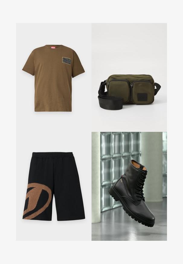 T-shirt en coton marron avec un col rond, comportant un patch graphique noir sur la poitrine gauche. Manches courtes et ourlet droit.; Shorts taille élastique noire avec grand motif abstrait marron sur la jambe gauche et poches latérales.; Botte de combat en cuir noir à lacets avec semelle épaisse, logo doré "HUGO" sur le côté, exposée dans un cadre intérieur moderne avec un mur en blocs de verre en arrière-plan.; Sac en tissu vert olive en bandoulière avec deux poches zippées à l'avant, une bandoulière noire réglable et un patch logo noir. Forme rectangulaire avec une surface texturée.