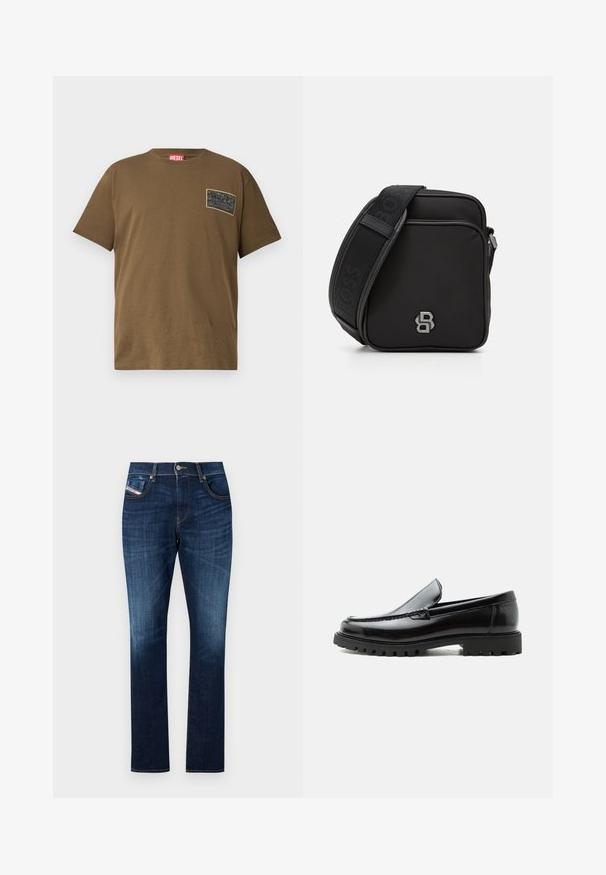 T-shirt en coton marron avec un col rond, comportant un patch graphique noir sur la poitrine gauche. Manches courtes et ourlet droit.; Jean en denim bleu foncé présentant une coupe droite, un design à cinq poches, un léger délavage et des coutures contrastées le long des coutures.; Mocassin en cuir noir avec semelle en caoutchouc épaisse, dessus cousu et nom de marque embossé sur le talon, présenté de profil sur fond blanc.; Sac crossbody noir en tissu texturé avec fermeture éclair. Présente un accent logo et une sangle ajustable à motif. Design compact et carré.