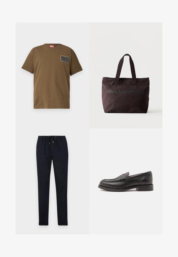 T-shirt en coton marron avec un col rond, comportant un patch graphique noir sur la poitrine gauche. Manches courtes et ourlet droit.; Pantalons de jogging bleu marine foncé avec une taille élastique, cordon de serrage, jambes fuselées et une texture lisse. Comprend des poches latérales et des coutures discrètes.; Mocassin noir en cuir avec un petit talon et une partie supérieure texturée, affiché de profil sur un fond clair uni.; Sac cabas marron foncé avec deux poignées et logo « Karl Lagerfeld » imprimé sur le devant sur un fond clair uni.