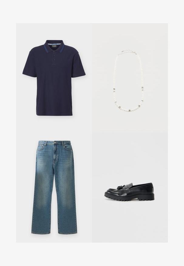Marineblå kortærmet poloshirt med tre-knaps slidse og kontrastfarvet blå stribe på kraven.; Blå denim jeans med brede ben, der har en falmet vask, klassisk fem-lomme-design og metalknaplukning i taljen.; Sorte læder loafers med en blank finish, kraftig gummisål og dekorativt frynse-detalje på forsiden.; Hvid perlehalskæde med sølvfarvede rhinsten-afstandsstykker og en sølvfarvet kædelås, vist mod en ensartet lys baggrund.