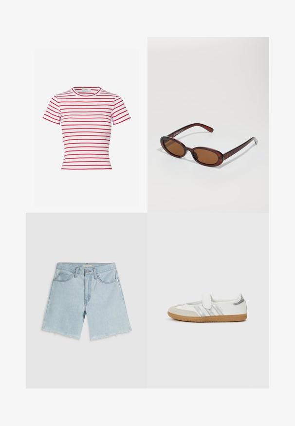Camiseta de manga corta a rayas rojas y blancas, hecha de tela acanalada, con cuello redondo y diseño ajustado.; Pantalones cortos de mezclilla azul claro con dobladillo deshilachado, cuatro bolsillos y cremallera; presentan un sutil desgastado y herrajes de tono plateado.; Zapatilla blanca con rayas plateadas, puntera de ante y tira de velcro. Suela de goma perfilada color caramelo. Diseño minimalista con acabado liso.; Gafas de sol redondas con tinte marrón y un marco burdeos brillante. Patillas delgadas con un sutil detalle de marca. Diseño de lentes planos.