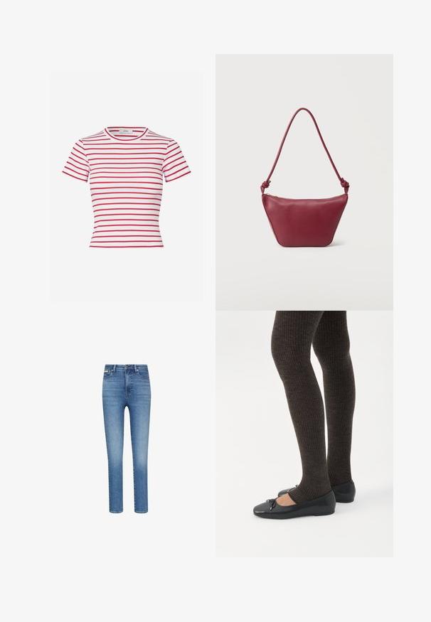 Camiseta de manga corta a rayas rojas y blancas, hecha de tela acanalada, con cuello redondo y diseño ajustado.; Vaqueros ajustados en denim azul de lavado medio. Presentan una cintura alta, diseño de cinco bolsillos y costuras contrastantes en todo el tejido.; Piernas con leggings oscuros acanalados combinados con bailarinas negras que presentan pequeños detalles de lazo sobre un fondo blanco.; Pequeño bolso de cuero burdeos para el hombro con correa anudada y cierre superior con cremallera sobre un fondo claro y sencillo.