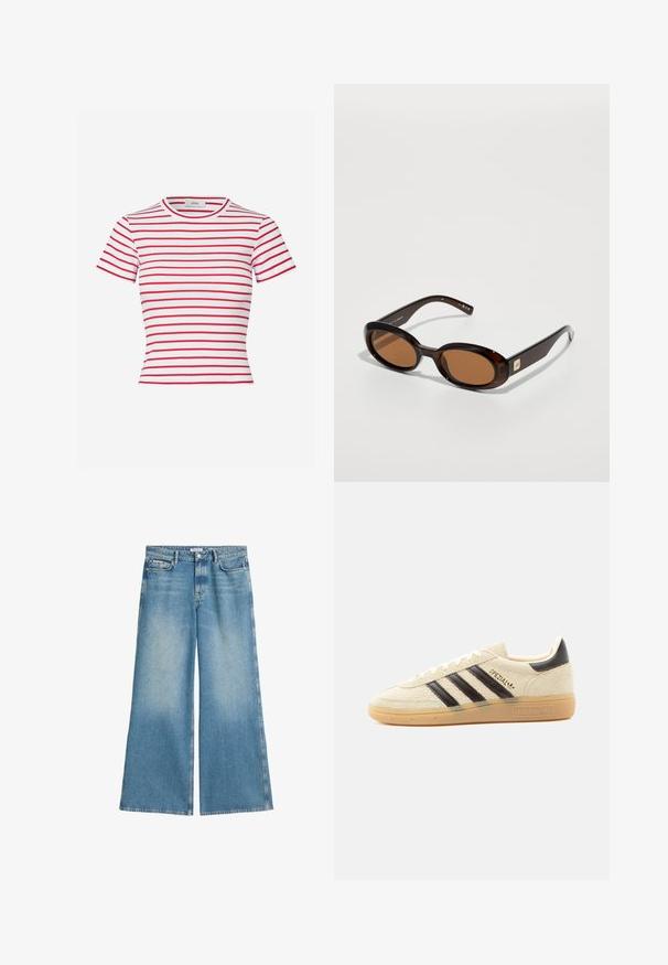 Rood-wit gestreept T-shirt met korte mouwen, gemaakt van ribstof, met een ronde halslijn en een aansluitend ontwerp.; Wijduitlopende jeans van lichtblauwe denim, met een vervaagde was, twee voorzakken en een standaard knoopsluiting.; Crèmekleurige suède sneaker met zwarte strepen, rubberen zool, zwart hieltabje en gouden "SPEZIAL" tekst aan de zijkant.; Bruine schildpadzonnebril met ovale lenzen, met een dunne montuur en een kleine metalen accent aan de zijkant. Geverfd en gepolijst afwerking.