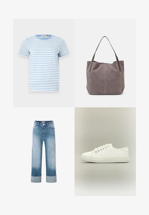 Kurzarm-T-Shirt in hellblau mit weißen Streifen, aus Baumwolle gefertigt. Verfügt über einen runden Halsausschnitt und einen geraden Saum mit einer weichen Textur.; Helle blaue Jeans aus Denim mit hoher Taille, weitem Bein und umgeschlagenen Säumen. Besitzt ein klassisches Fünf-Taschen-Design und Details aus Kupfer.; Weißer Low-Top-Sneaker mit weißen Schnürsenkeln und Gummisohle, seitlich auf neutralem Hintergrund dargestellt.; Graue Wildleder-Tasche mit zwei dunklen Ledergriffen. Verfügt über gestickte Details an den Seiten, eine weiche Textur und eine geräumige Öffnung.