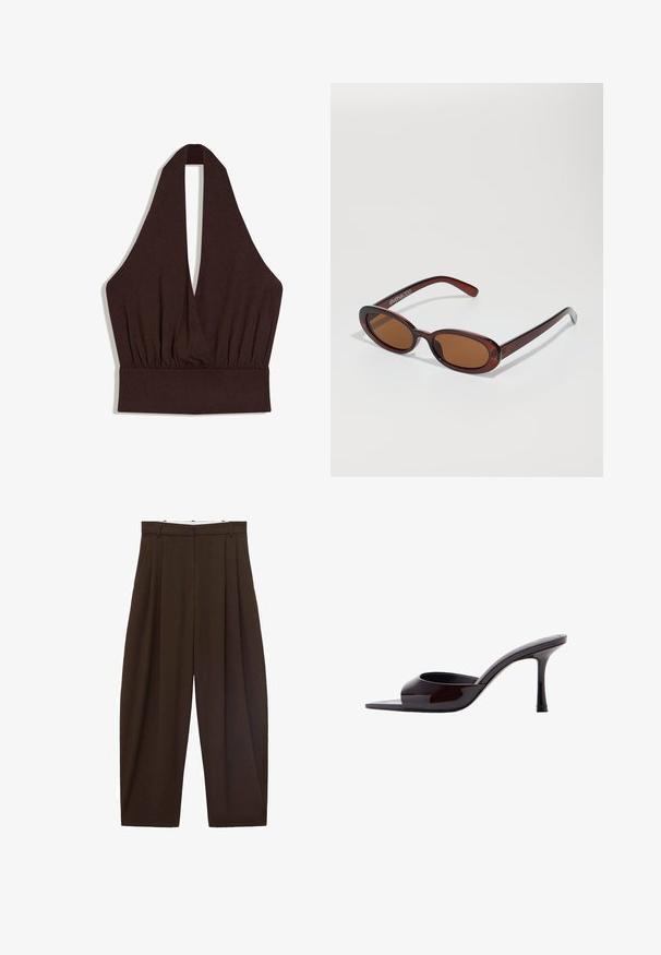 Mørkebrunt ærmeløst halterneck crop top med dyb V-udskæring og opsamlet stof under brystet.; Brune højtaljede bukser med folder, lavet af glat stof. Løs pasform, straight leg design, med bæltestropper og lynlås.; Sort laklæder mule med åbent tåparti, slank mellemhøj stilethæl og lavt skåret overskrivebånd.; Runde, bruntonede solbriller med en glansfuld bordeauxramme. Slanke arme med diskret brandingdetalje. Flad linsedesign.